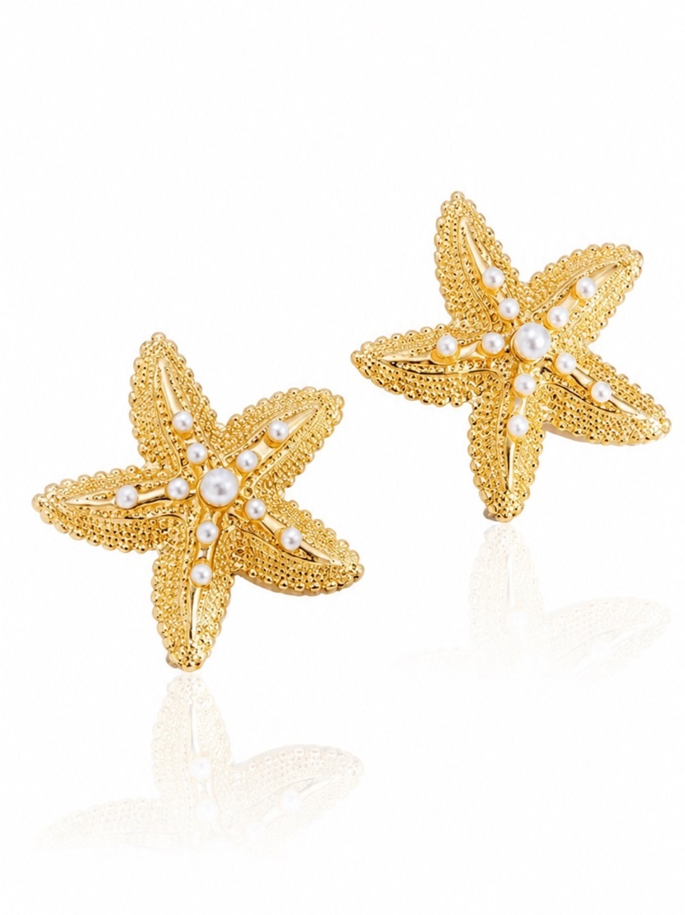 Gold Starfish Pearl Accent Stud Earrings